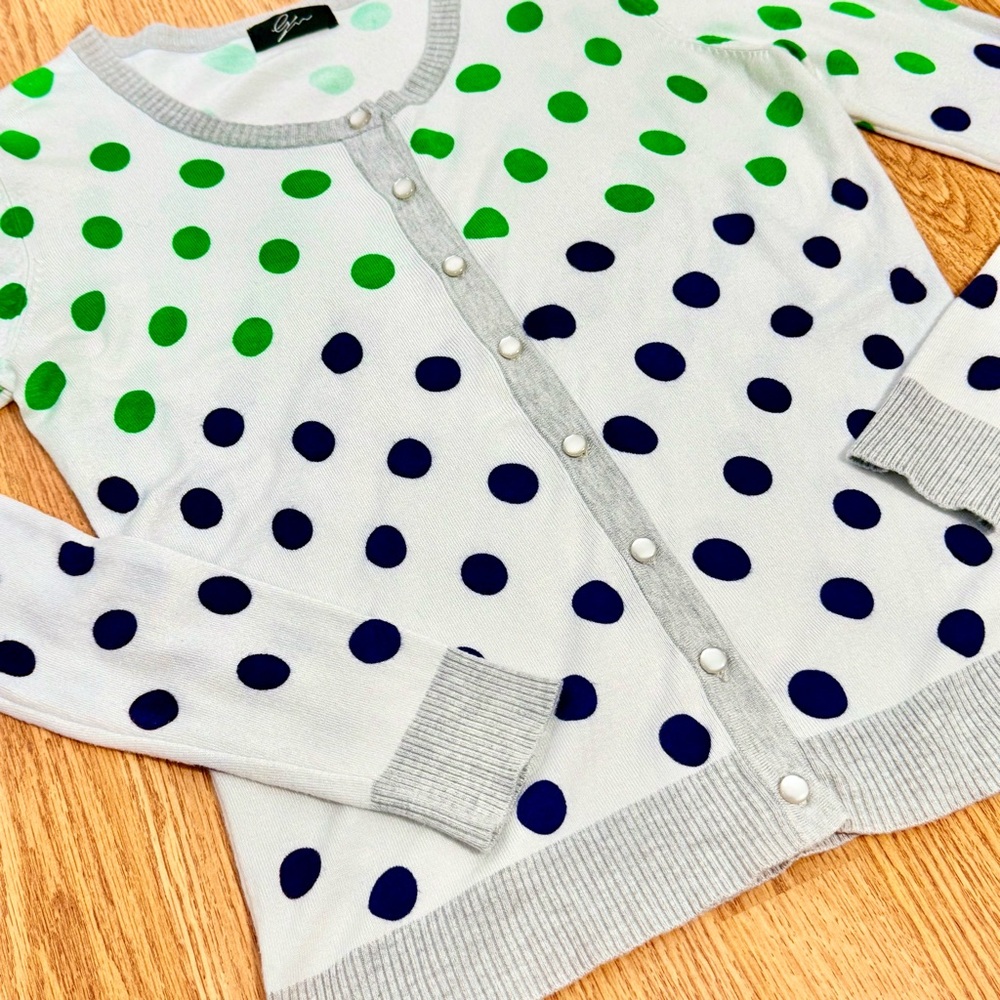 Cheerful green & purple polka dot button down cardigan size small